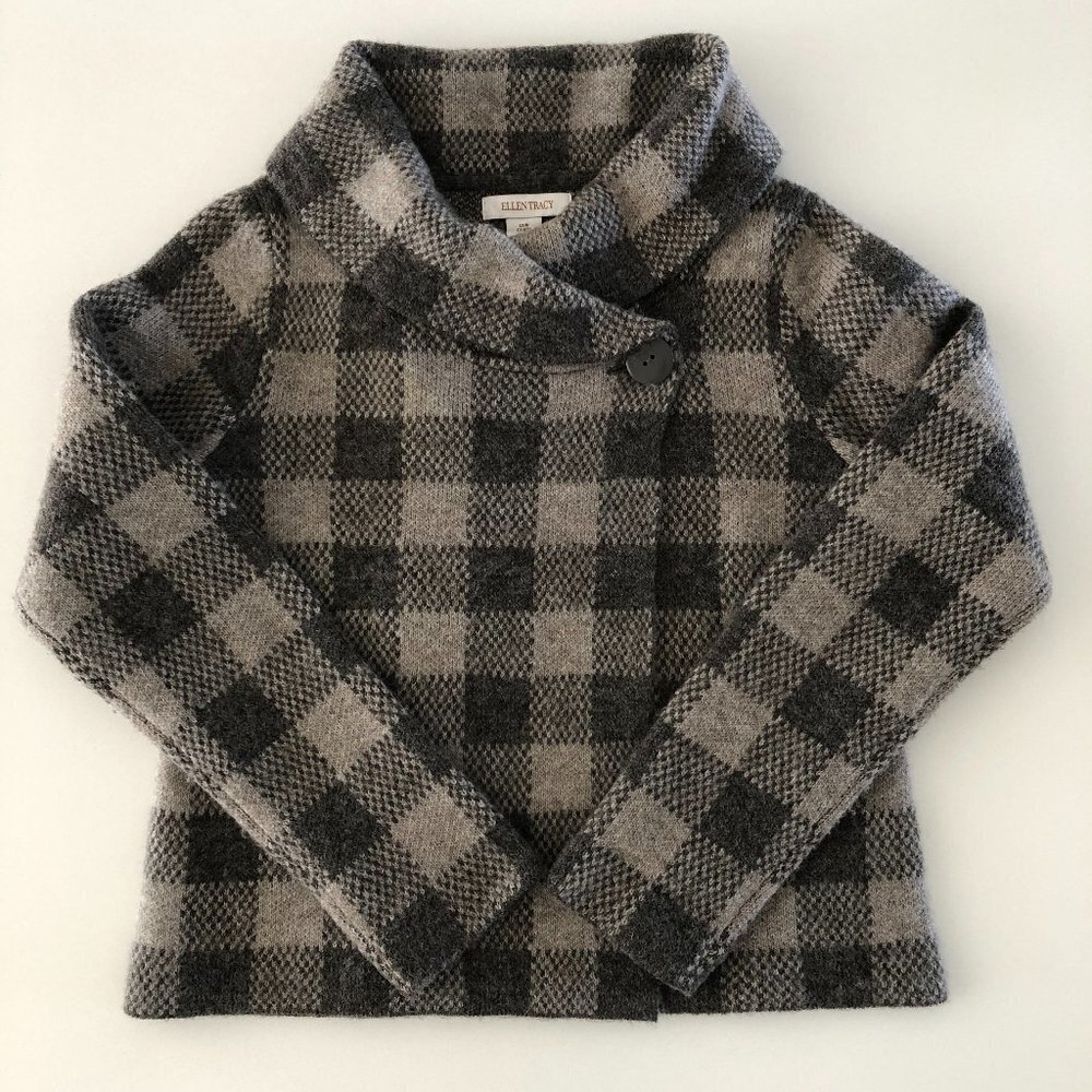 Ellen Tracy Check Pattern Long Sleeve Shawl Collar Sweater Jacket Grey Size M